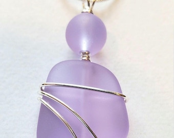 Periwinkle Purple sea glass, silver hand-wrapped necklace pendant, Lavender sea glass silver pendant + chain