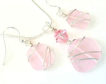 Pink sea glass jewelry set, Sea glass Swarovski crystal, silver necklace earrings, Beach glass pendant earrings, Breast Cancer Awareness