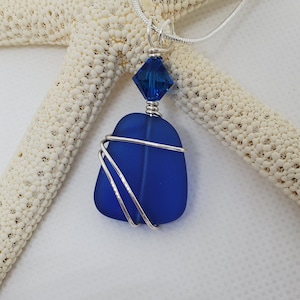 Cobalt sea glass necklace jewelry, Royal Blue beach glass silver wrapped necklace, Seaglass Bridesmaid pendant necklace
