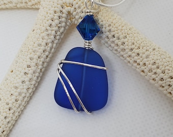 Cobalt sea glass necklace jewelry, Royal Blue beach glass silver wrapped necklace, Seaglass Bridesmaid pendant necklace