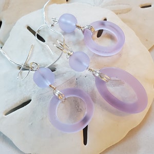 Soft purple sea glass jewelry set, Long dangle periwinkle beach glass necklace earrings, Seaglass pendant earrings, Bridesmaid Gift jewelry