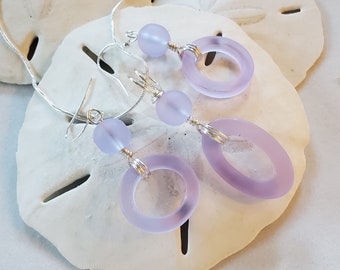 Soft purple sea glass jewelry set, Long dangle periwinkle beach glass necklace earrings, Seaglass pendant earrings, Bridesmaid Gift jewelry