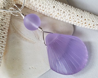 Periwinkle Seashell sea glass Necklace jewelry, Purple Seashell beach glass 2" pendant, 18" Sea Glass Necklace, Handmade in USA