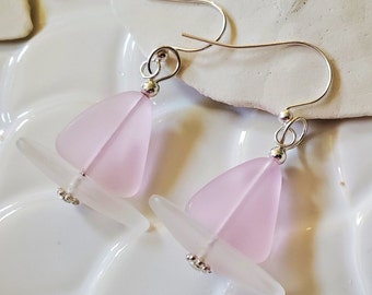 Pink Sailboat earrings sea glass jewelry, PINK,Clear Nautical beach glass earrings, handmade seaglass earrings, Breast Cancer Awareness gift