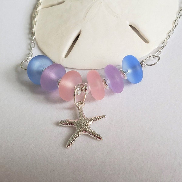 Charming sea glass necklace jewelry, Petite sea glass STARFISH necklace, Pink Purple Blue Beach Glass Bar Necklace, Sea Glass jewelry
