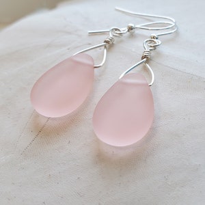 Rosy Pink dangle sea glass earrings, Petite soft pink beach glass jewelry earrings, Bridesmaid beachie 1.5&quot; seaglass earrings gift