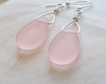 Rosy Pink Sea Glass Earrings, Silver Plated Dangle Jewelry