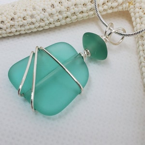Sea glass jewelry, soft AQUA GREEN beach glass silver custom-wrapped necklace, Sea Glass Necklace Pendant| Bridemaids necklace