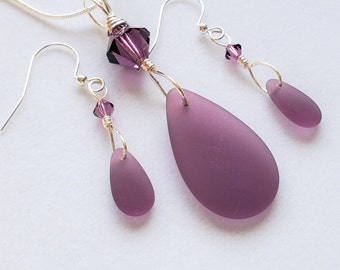 Stunning Purple Amethyst sea glass jewelry set, Swarovski crystal purple beach glass earrings necklace, bridesmaid beachie seaglass jewelry
