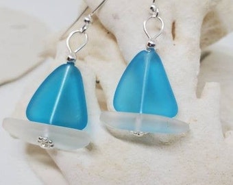 OPAQUE BLACK Earrings Details about   SAILBOAT Beach Sea glass jewelry Nautical PACIFIC BLUE 