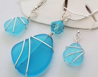 Turquoise sea glass jewelry set, Blue sea glass necklace pendant earrings, Beach glass Swarovski crystal pendant, earrings jewelry set