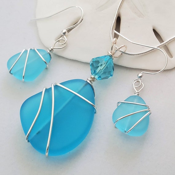 Turquoise sea glass jewelry set, Blue sea glass necklace pendant earrings, Beach glass Swarovski crystal pendant, earrings jewelry set