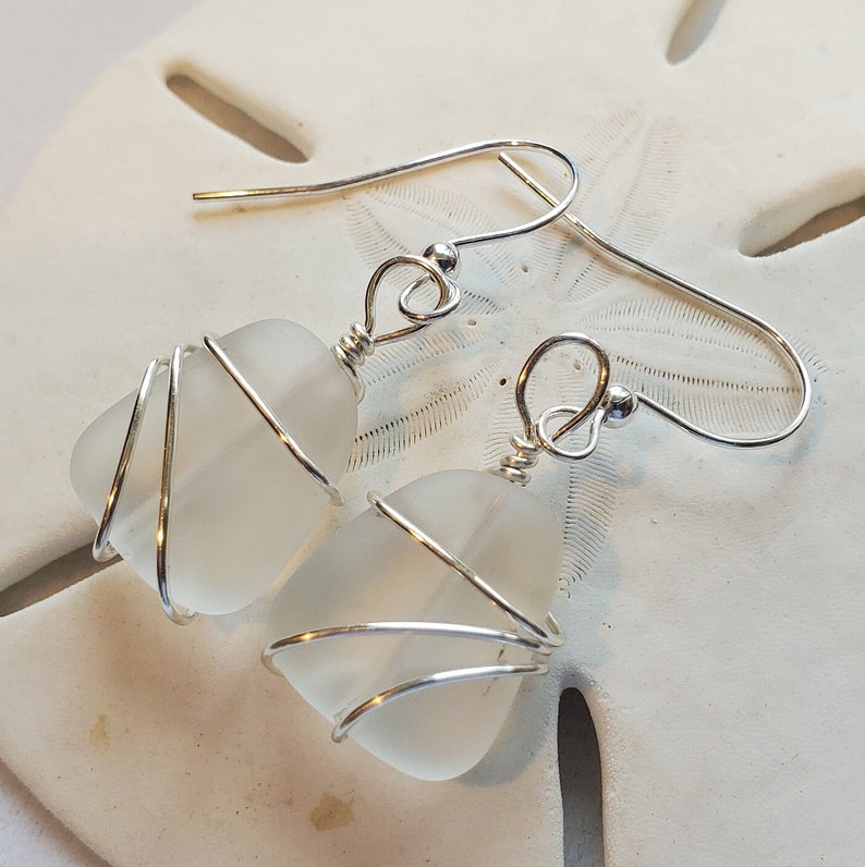 Frosted Crystal sea glass earrings jewelry, Petite Clear matted beach glass earrings, Silver wrapped Sea glass 1 earrings, Handmade in USA image 5