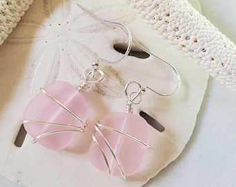 Petite PINK sea glass earrings jewelry, Beach glass earrings, Silver plated wrapped Sea glass 3/4" earrings,  Breast Cancer Awareness gift