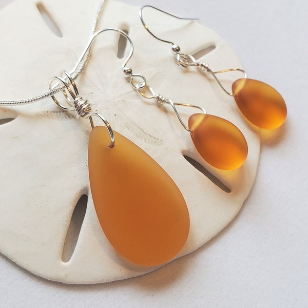 Golden Honey sea glass jewelry set,  burnt orange sea glass necklace earrings, Beach glass Teardrop pendant, earrings jewelry set + chain