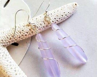 Long Dangle Periwinkle sea glass earrings jewelry, 2" Soft Purple Teardrop beach glass earrings, Seaglass earrings, Bridesmaid earrings gift