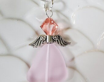 Angel sea glass necklace keepsake jewelry, Pink beach glass PINK Coral Swarovski pendant, Angel sea glass 2" pendant necklace