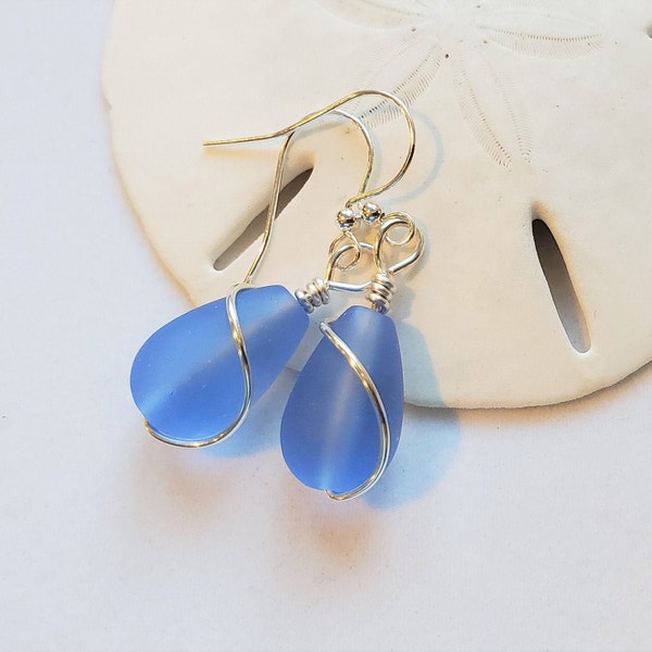 Sea glass jewelry, SAPPHIRE BLUE Teardrop beach glass earrings, Sea glass earrings, Bridesmaid earrings, Handmade seaglass jewelry