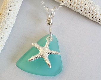 Aqua Sea glass necklace pendant jewelry, beach glass pendant Starfish necklace,  seaglass charm pendant, bridesmaid sea glass necklace