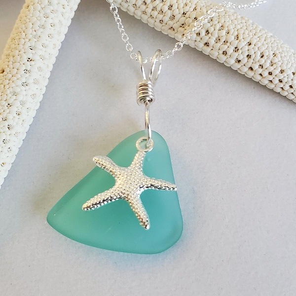 Aqua Sea glass necklace pendant jewelry, beach glass pendant Starfish necklace,  seaglass charm pendant, bridesmaid sea glass necklace