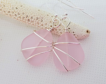 Large Soft Pink sea glass earrings jewelry, beach glass earrings, Silver wrapped sea glass 1.5" drop dangle earrings Breast Cancer Awareness