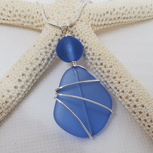 Soft Sapphire Blue sea glass jewelry, beach glass silver hand-wrapped necklace,  Sea Glass Necklace Pendant, Bridesmaid sea glass gift