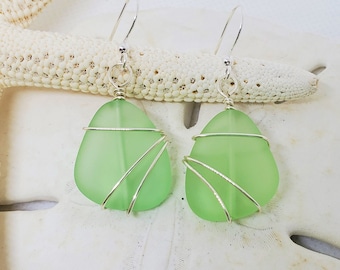 Large Green sea glass earrings jewelry, PERIDOT beach glass earrings, Silver wrapped Sea glass 1.5"earrings, Bridesmaid sea glass earrings