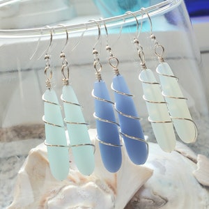 Long dangle sea glass teardrop earrings, choose your color sea glass 2&quot; wrapped earrings, Bridesmaid gift, Beach glass earrings jewelry