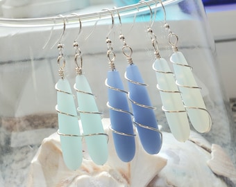 Long dangle sea glass teardrop earrings, choose your color sea glass 2" wrapped earrings, Bridesmaid gift, Beach glass earrings jewelry