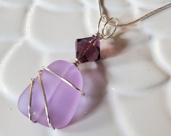 Periwinkle Sea glass necklace jewelry, Purple beach glass silver wrapped necklace, Amethyst crystal seaglass pendant, bridesmaid necklace