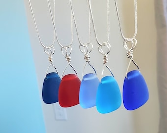 Choice of Color Sea glass triangular necklace, large beach glass pendant necklace, Blues, Red, Teal seaglass 1.75" pendant + 18" chain