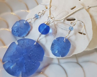 Soft Sapphire sea glass jewelry set, Blue Sand Dollar sea glass beach glass pendant necklace earrings, Bridesmaid beachie jewelry gift