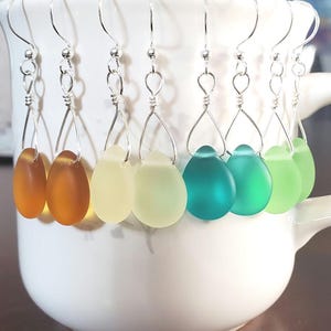 Choice of 8 Colors Teardrop sea glass earrings, Sea glass dainty dangle earrings Bridesmaid gift, 8 Color Choices beach glass earrings