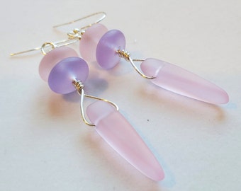 Sea Glass jewelry, Dangle PINK, PERIWINKLE sea glass earrings|  2.5" Blue beach glass earrings| Long PINK Dangle Bridesmaid earrings