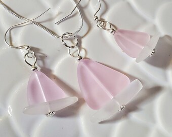Pink Sailboat Necklace Earrings Set Sea glass jewelry, Nautical Beach Glass Necklace, Seaglass Necklace Earrings, Breast Cancer Awareness