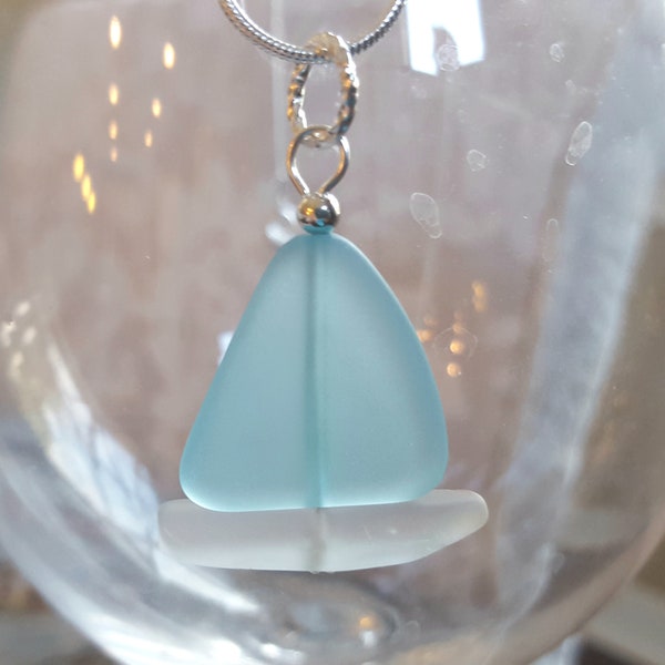 Sailboat Necklace Sea glass jewelry, OCEAN BLUE Nautical Beach Glass Necklace, Seaglass Necklace Pendant|  Handmade blue sailboat jewelry