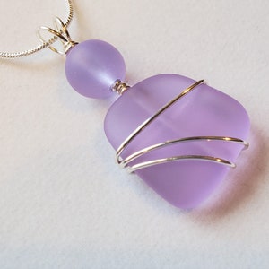 Periwinkle Purple sea glass, silver hand-wrapped necklace pendant, Lavender sea glass silver pendant + chain
