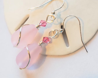 Sea Glass jewelry, PINK Teardrop beach glass earrings , Sea glass Swarovski earrings | Bridesmaid earrings, Breast Cancer Awareness jewelry