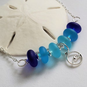 Charming sea glass necklace jewelry, Sea Glass WAVE Necklace , Shades of BLUE Beach Glass Bar Necklace , OCEAN Sea Glass Bar 18" Necklace