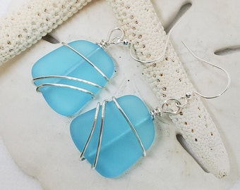 Large Blue sea glass earrings jewelry, Turquoise 1.5" beach glass earrings, Sea glass silver wrapped earrings, Bridesmaid beachie gift