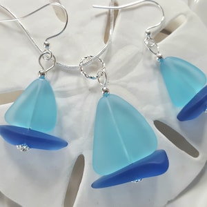 Blue Sailboat Necklace Earrings Sea glass jewelry, OCEAN, COBALT Blue Nautical Beach Glass Necklace Earring Set, Seaglass Pendant, Earrings