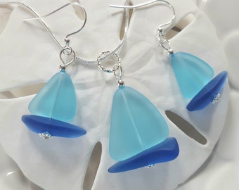 Blue Sailboat Necklace Earrings Sea glass jewelry, OCEAN, COBALT Blue Nautical Beach Glass Necklace Earring Set, Seaglass Pendant, Earrings