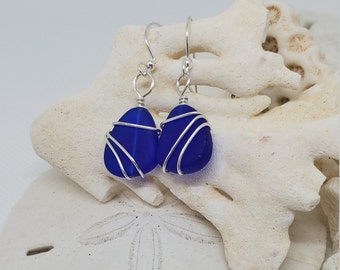 Petite Blue sea glass earrings jewelry, Cobalt Navy Blue beach glass earrings, Silver hand-wrapped sea glass 1" earrings, Handmade in USA