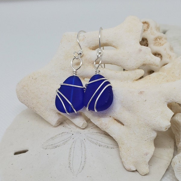 Petite Blue sea glass earrings jewelry, Cobalt Navy Blue beach glass earrings, Silver hand-wrapped sea glass 1" earrings, Handmade in USA