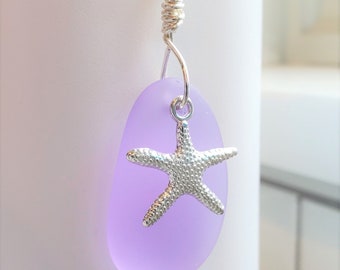 Soft Purple sea glass necklace jewelry, Periwinkle beach glass Starfish necklace, Lilac seaglass Charm pendant and chain, bridesmaid gift