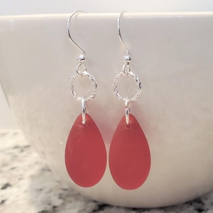 Red sea glass earrings, sea glass jewelry, dangle beach glass earrings, Cherry red seaglass earrings, Teardrop sea glass earrings