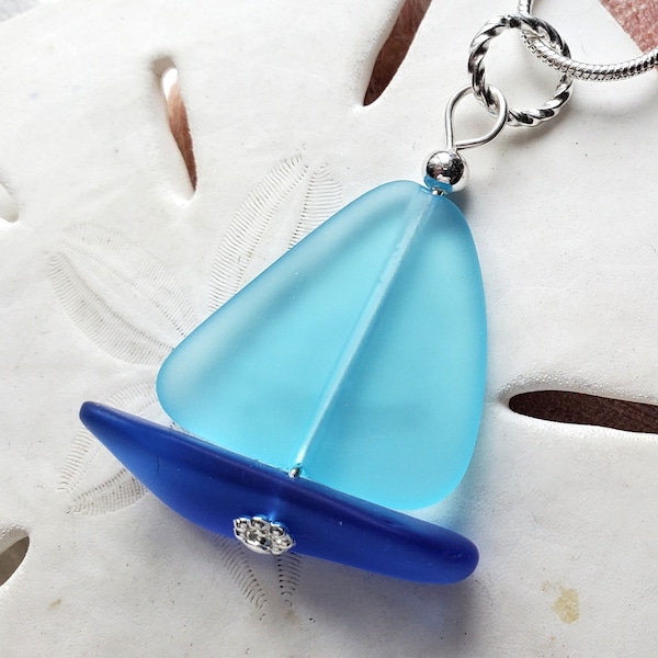 Sailboat Necklace Sea glass jewelry, OCEAN BLUE Nautical Beach Glass Necklace, Sea Glass Necklace Pendant| sailing necklace