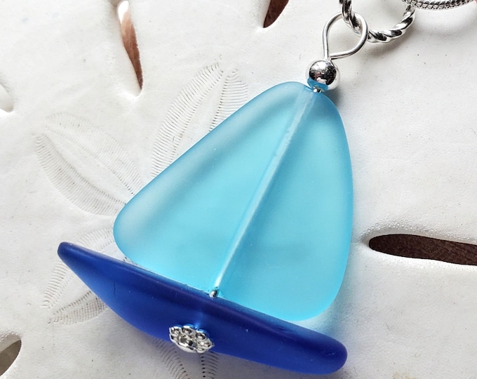 Sea Glass Sailboat Necklace, Ocean Blue Nautical Pendant
