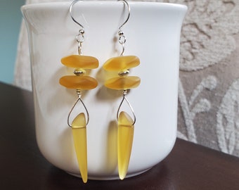 Soft amber yellow sea glass earrings, Dangle golden sea glass earrings jewelry,  2" beach glass earrings, long dangle Bridesmaid earrings