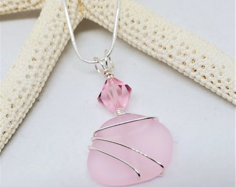 Birthstone Sea glass jewelry, PINK beach glass silver custom-wrapped necklace, Sea Glass, Swarovski pendant | October Birthstone necklace